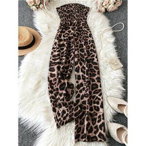 Women's Leopard Print Halter Jumpsuit, Casual Vacation Outfit
